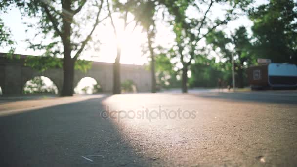 Hipster woman riding longboard — Stock Video