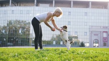 Köpek kadınla modern building yakınındaki 