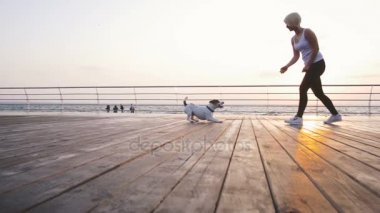 kadın ile köpek sahil üzerinde oynamak