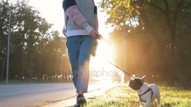 Sarışın genç kadın ile Road yeşil çimenlerin üzerinde şirin köpek