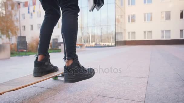 Young Fashion Afro American Man Black Suit Hat Riding Long — Stok Video