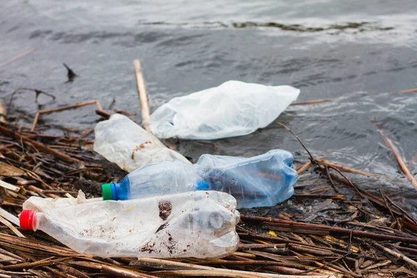 Plastic bottles on the river bank, concept for the day of the protection of the oceans. Nondegradable plastic rubbish on the coast.