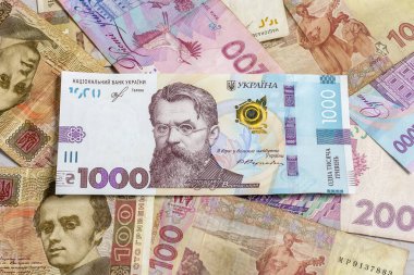 Ukrayna Hryvnia 'sı, 100 ila 1000 Hryvnia arası banknotlar. Ukrayna banknotlarından mali geçmiş. Para arkaplanı.