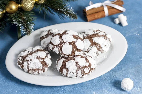 Вкусное мраморное печенье, усыпанное сахаром. Новогоднее пряничное печенье на голубом фоне с корицей, снежинками и зефиром. Домашняя праздничная выпечка на Новый год и Рождество . — стоковое фото