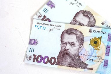 Ukrayna Hryvnia 'sı, açık gri arka planda 1000 Hryvniadan oluşan iki banknot. Ukrayna banknotlarından mali geçmiş. Para arkaplanı.