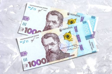 Ukrayna Hryvnia 'sı, açık gri arka planda 1000 Hryvniadan oluşan iki banknot. Ukrayna banknotlarından mali geçmiş. Para arkaplanı.