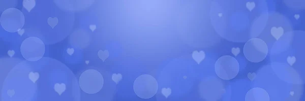 Abstract blue bokeh banner background with hearts - birthday, father\'s day, valentine\'s day panorama - blurry bokeh circles and hearts on a blue background with sunbeams in the center
