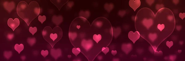 Abstract dark red bokeh banner background with hearts - happy birthday, father's day, valentine's day panorama — Stock Photo, Image
