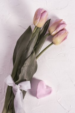 Bir buket bahar pembe lalesi, hafif arka planda bir kurdele ve bir kalple bağlanmış..