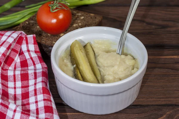 Plate Mashed Potato Steamed Cutlet Pickled Cucumbers Wooden Background — Stock Photo, Image