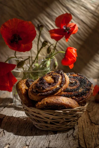 Still Life Muffins Poppy Red Poppies Old Wooden Background Vertical — Stock Photo, Image