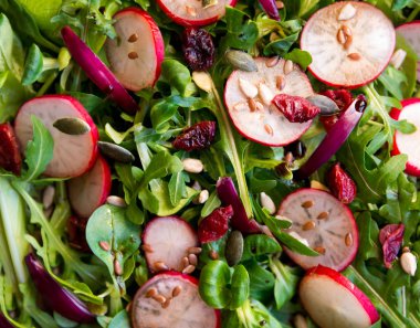 Taze sebze salatası, turp, roka ve kurutulmuş kızılcık.