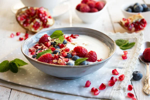 Jogurt Świeżych Owoców Mięty Zbóż Misce Zdrowe Śniadanie — Zdjęcie stockowe