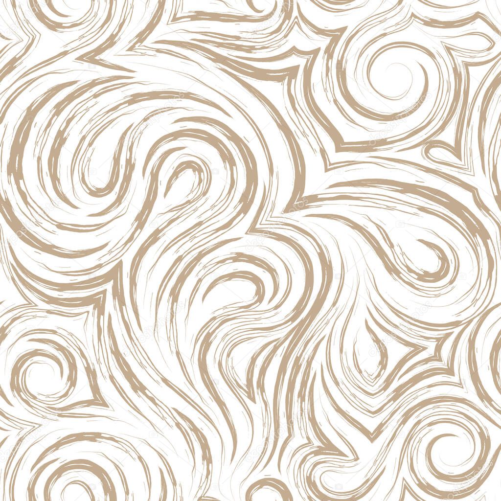 Abstract vector seamless pattern in pastel colors from torn lines in the form of spirals of loops and curls.Texture for decoration of fabrics or wrappers in beige color isolated on white background.