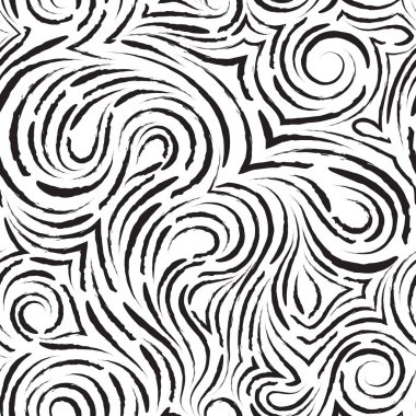 Döngü ve kıvrımlar şeklinde çizgilerden siyah rengin soyut vektörsüz deseni. Kumaş veya ambalaj kağıtlarının beyaz arka planda siyah izole edilmesi için doku.
