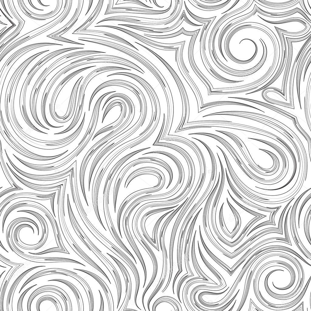 Seamless vector monochrome texture of smooth cut lines. Twisted pattern for decorating fabrics or wrappers in black in a linear style.