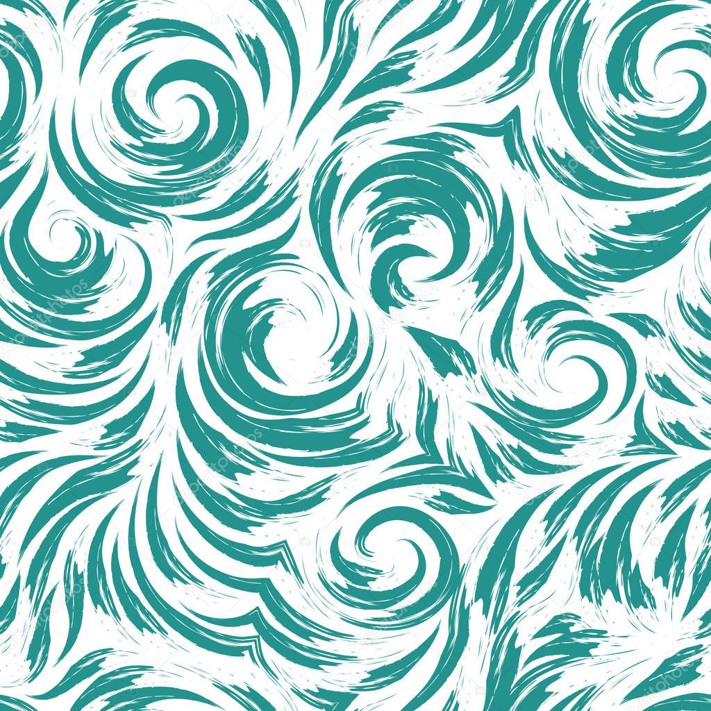 Seamless vector turquoise pattern of smooth lines in the form of circles and spirals. Texture for finishing fabrics or wrapping paper in pastel colors on a white background. Ocean and waves.