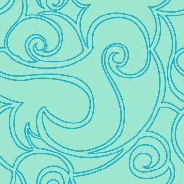 Sarmal ve dalgalardan oluşan kusursuz turkuaz vektör deseni. Tekstil ve ambalaj için doğrusal biçimdeki doku