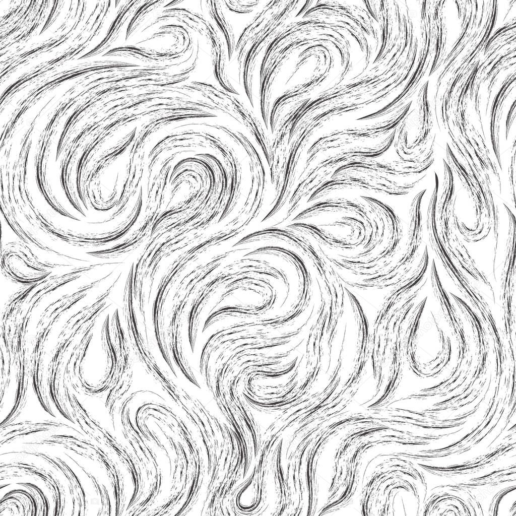 Seamless black vector texture of smooth flowing lines or splashes. Abstract background of flowing waves drawn in chalk or charcoal isolated on a white background