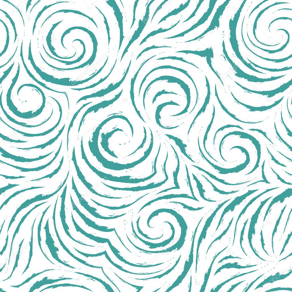 Seamless vector blue pattern of smooth lines with torn edges in the form of corners and spirals. Light texture for finishing fabrics or wrapping paper in pastel colors.