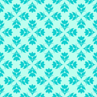 Soyut elementlerin ya da kelebeklerin kusursuz deseni ve turkuaz arka planda mavi çiçekli yapraklar. Kumaş veya fayanslar için dekorasyon. EPS 10