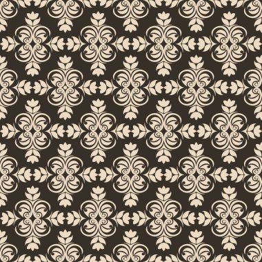 Düzenli olarak soyut elementlerin ya da kelebeklerin ve kahverengi arka planda bej çiçekli yaprakların pürüzsüz desenleri. Kumaş veya fayanslar için dekorasyon. EPS 10