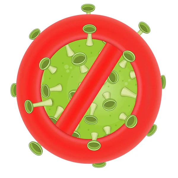 緑のコロノウイルスのシンボルを閉じるベクトル明るい赤の停止標識 白い背景に隔離された概念停止コロナウイルス — ストックベクタ