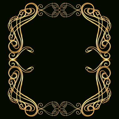 Altın unsurları olan dekoratif altın çerçeve, arka planda, davetiye kartları için, düğün kartı dekoru için, kapak tasarımı için boş