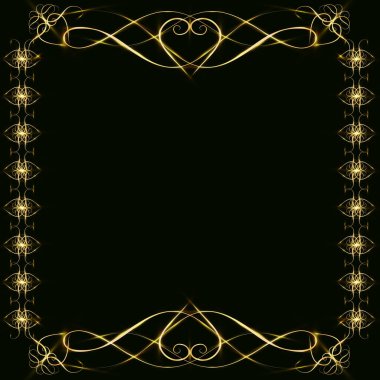 Kalpli altın çerçeveler, parıltılı ve parlak, bir kart için boş, siyahta izole edilmiş, düğün kartı, kopyalama alanı