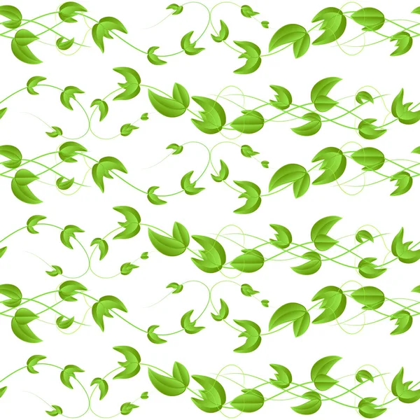 用绿色柳条 常春藤芽和心在白色背景上的叶子构成的病媒无缝图案 — 图库矢量图片