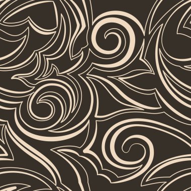 Kahverengi arka planda farklı kalınlıkta bej çizgilerin vektörsüz dokusu. Kumaş ya da kağıda baskı için doku. Sarmal şeklinde pürüzsüz ve kırık çizgiler ve pastel renklerde köşeler.