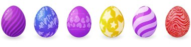 Paskalya kartlarının dekorasyonu ve selamlaşmaları için beyaz arka planda izole edilmiş farklı dokulara sahip bir dizi vektör renkli Paskalya yumurtası. Karikatür yumurta koleksiyonu farklı renklerde ve röfleli