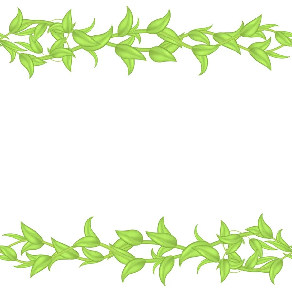 Horizontální hladký vektorový rámeček nebo rámeček zelených listů a stonků izolovaných na bílém pozadí. Bezešvé vzory propletených břečťanových větví pro dekoraci karet — Stockový vektor