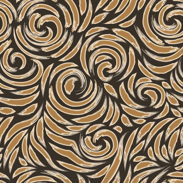 Vektor nahtlose Textur aus Spiralen und glatten Linien mit gerissenen Kanten in Brauntönen. Kontrastmuster für Stoffe oder Packpapier in Pastellfarben auf dunklem Hintergrund — Stockvektor