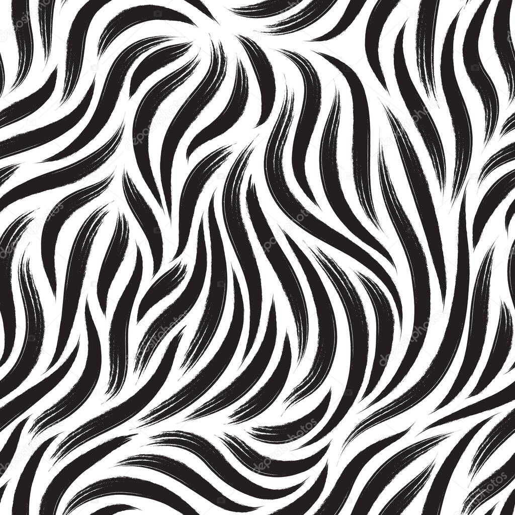 Seamless vector texture of smooth black brush strokes isolated on white background. Grunge pattern for printing onto fabric or wrapping paper