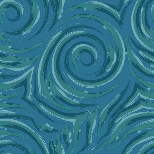 在深蓝色的背景上 螺旋形和蓝绿色断线的矢量无缝纹理 水彩画的模仿 刷笔划 Fibonacci螺旋 漩涡或水流 — 图库矢量图片