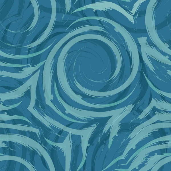 螺旋形和卷曲的矢量无缝涡旋图案 蓝底织物或包装纸的蓝绿色纹理 流线和弧线的水彩纹理 Smears — 图库矢量图片