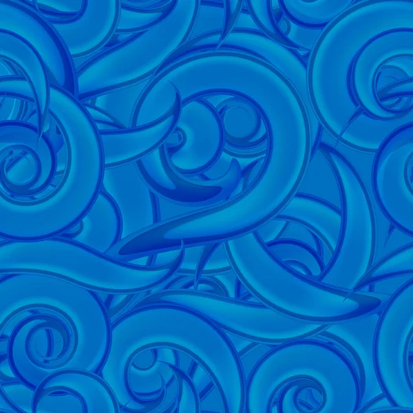 蓝色的矢量无缝纹理 花哨的波浪 光滑的螺旋形和卷曲 用于织物或包装纸印刷 海洋主题 定型液态图 — 图库矢量图片