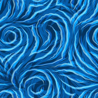 Dalgalı suluboya çizgileri olan mavi bir zemin üzerinde vektörsüz doku. Kumaş ya da ambalaj için desen. Aqua Menthe ve Phantom Blue renklerinde dalgalar veya girdaplar. Elektrik.