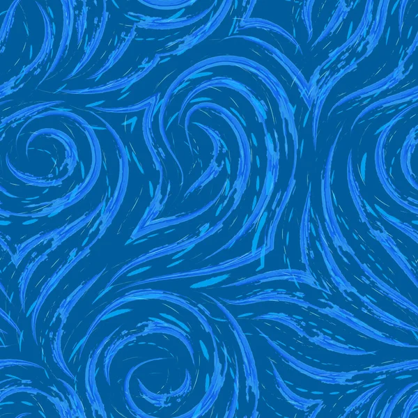 Seamless vector texture of waves and curls on a blue background with turquoise splashes of paint. Watercolor pattern for decorating fabrics or paper. Smooth lines or strokes. Light blue color — Stock Vector