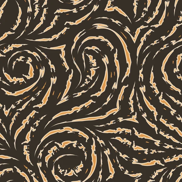 Seamless vector pattern on a brown background from flowing and broken lines with torn edges. Print for fabrics or packaging. Texture of wood fiber in beige and orange shades — Stock Vector