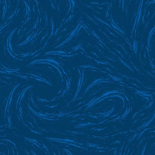 Motif vectoriel sans couture de tourbillon bleu ou de texture ondulée de la mer ou de l'océan.Ondes avec éclaboussures et écoulement sur un fond bleu foncé.Impression pour vêtements ou papier d'emballage — Image vectorielle