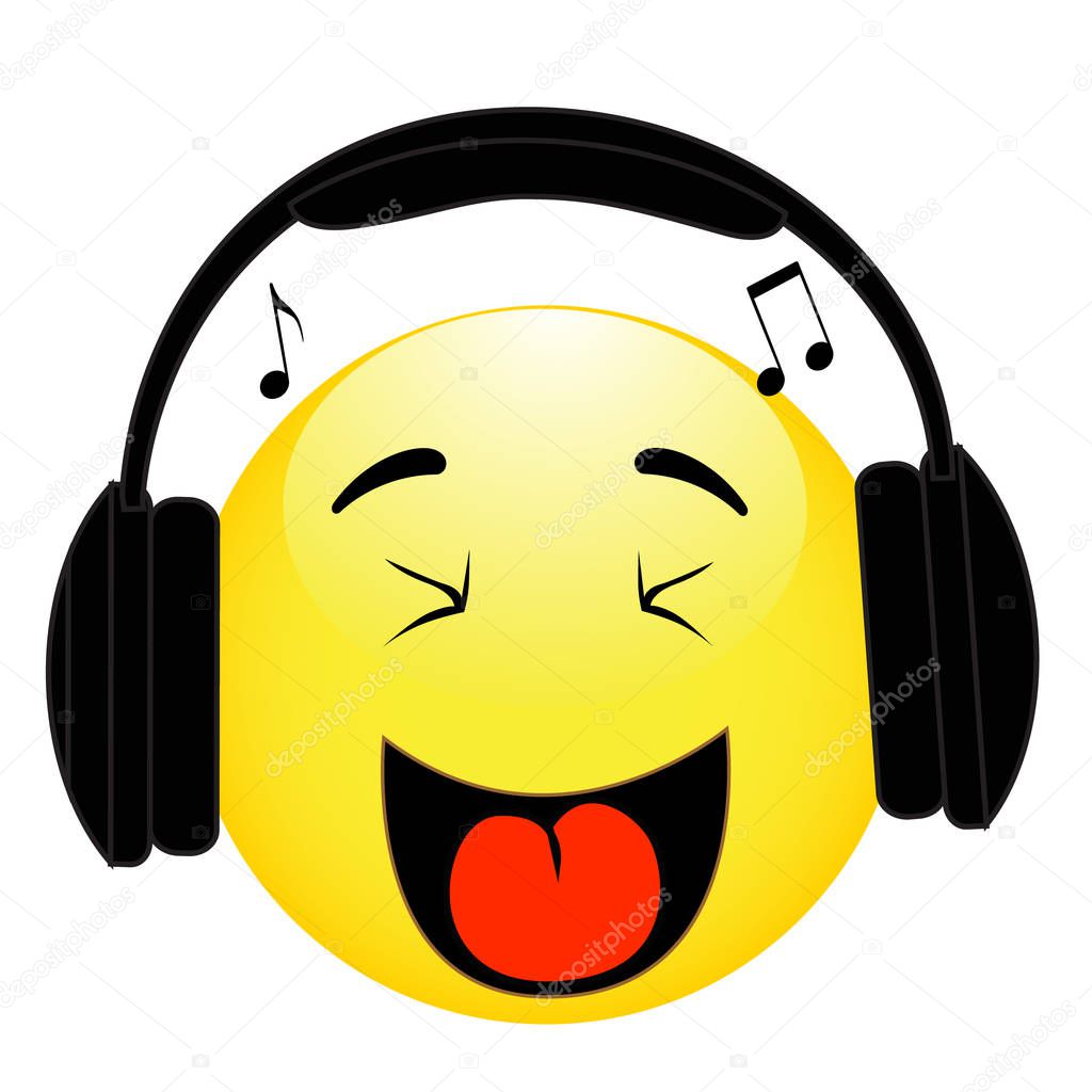 Emoticon with headphones on white background