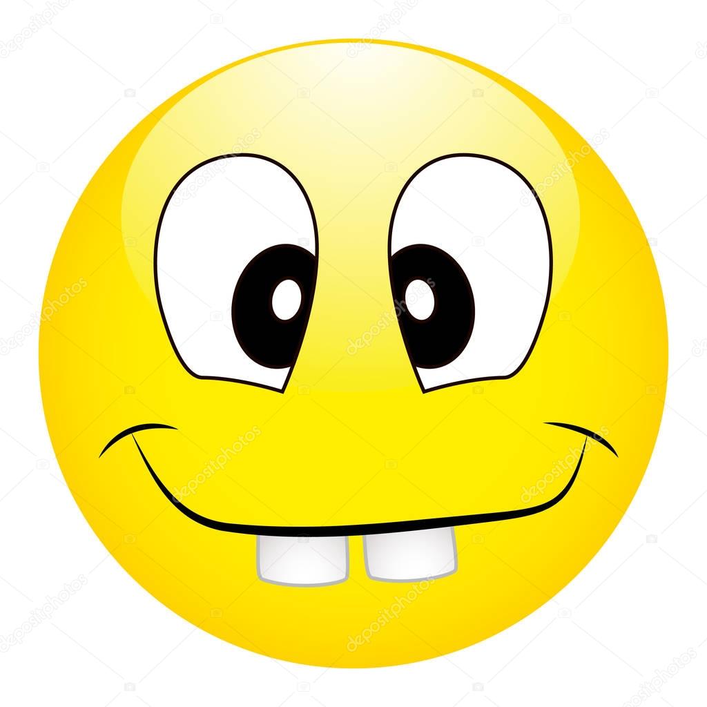 Funny silly yellow smiley with big teeth on a white background