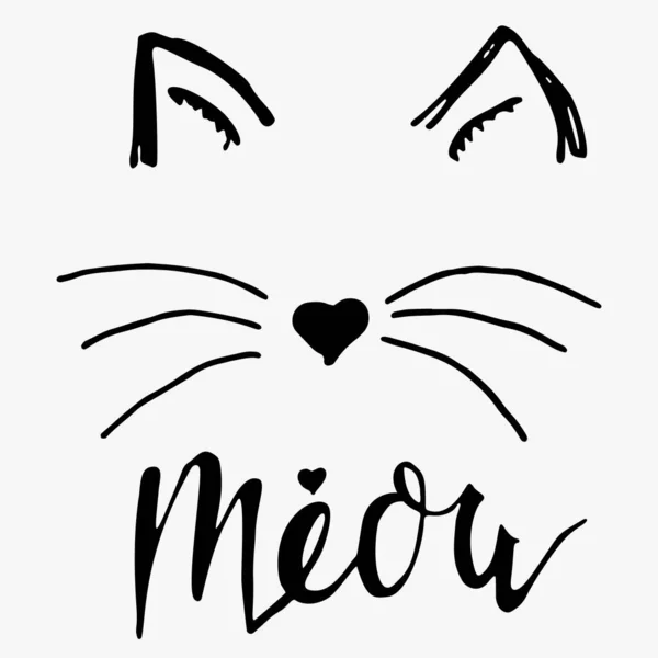 Letras negras vectoriales Meow con estampado de pata de gato lindo. Bosquejo dibujo gatito maullido eslogan cartel — Archivo Imágenes Vectoriales