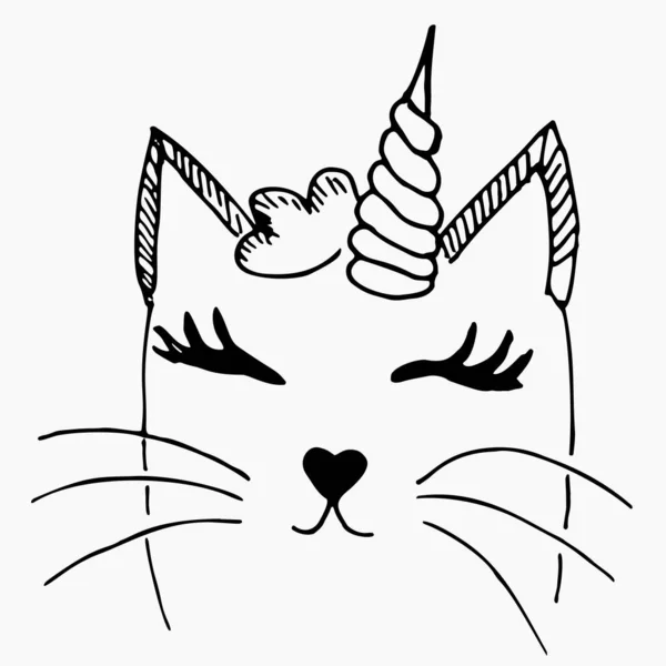 Linda ilustración vectorial con gato blanco con cuerno de unicornio dibujado con una tableta. Precioso gatito dormido con los ojos cerrados aislados — Archivo Imágenes Vectoriales