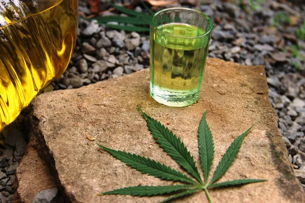 Kannabiszolaj. üveg, marihuána levél és egy nagy műanyag palack olajjal a kövön. kenderolaj. — Stock Fotó