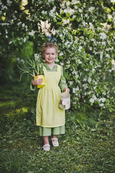 Chica va a plantar cebollas en una cama 8282 . — Foto de Stock