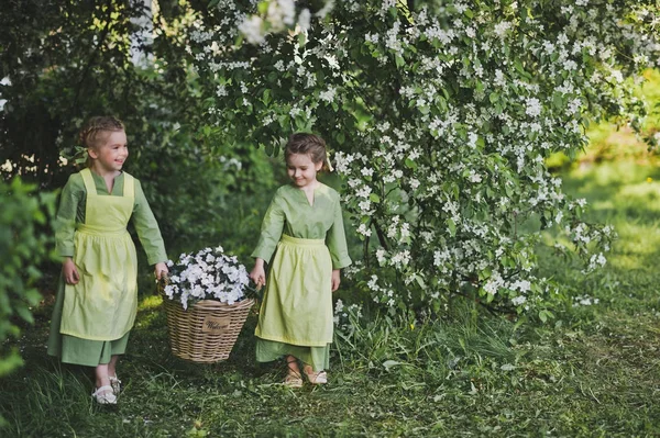 Two girls carrying a basket of flowers 8303. — Stock Photo, Image