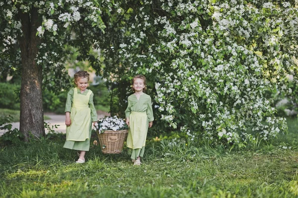 Kız bir hasır sepet çiçekli bahçe dekor için yapılan — Stok fotoğraf